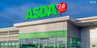 Asda store entrance with 'saving you money every day' printed on the store front