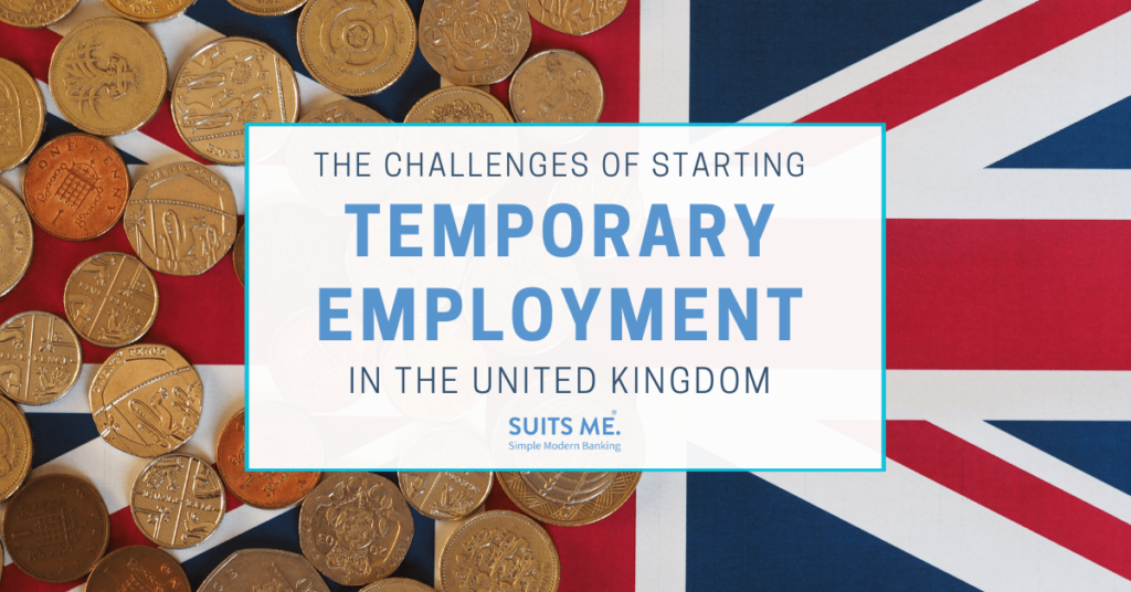 Challenges of Starting Temporary Employment in the UK, Union Jack with British Currency on top - Text box with blue information for migrant and temporary workers
