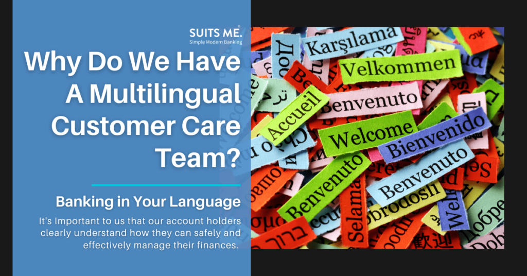 Blue text box that reads "why do we have a multilingual customer care team" and image of "hello" in multiple languages
