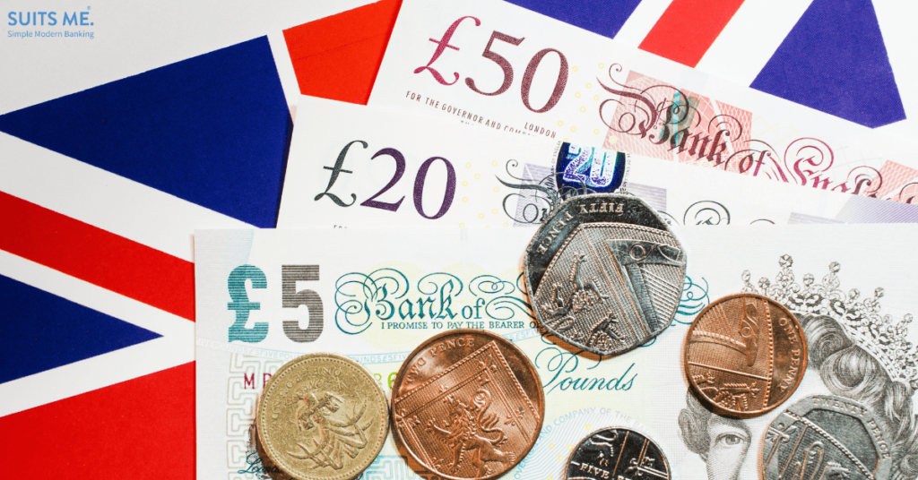 UK flag with British currency: £5, £20, £50, £1, 50p, 5p 2p, 1p, on a white background