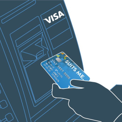 Image of a Suits Me Visa Debit Card Being Used to Withdraw Cash at an ATM