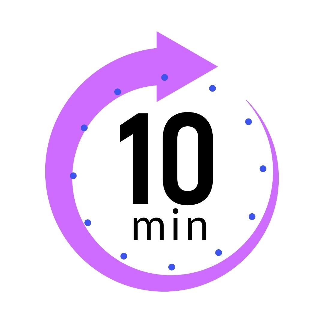 Purple circle with dots that represent hours with black text that reads "10 Min"