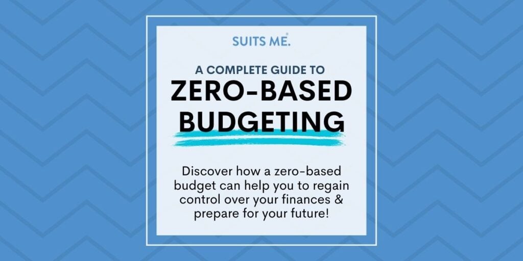 Blue background with Chevron lines - white text box with text that reads "a complete guide to zero-based budgeting" with meta description