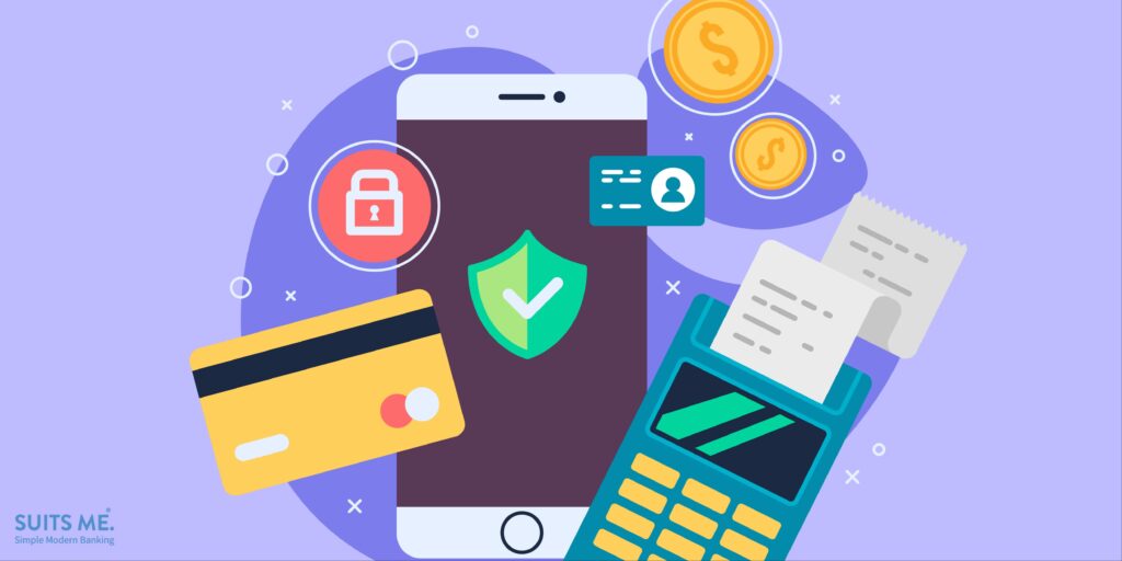 Mobile phone payment icon in flat style design. Representing buying and paying using a virtual debit card.