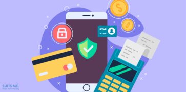 Mobile phone payment icon in flat style design. Representing buying and paying using a virtual debit card.