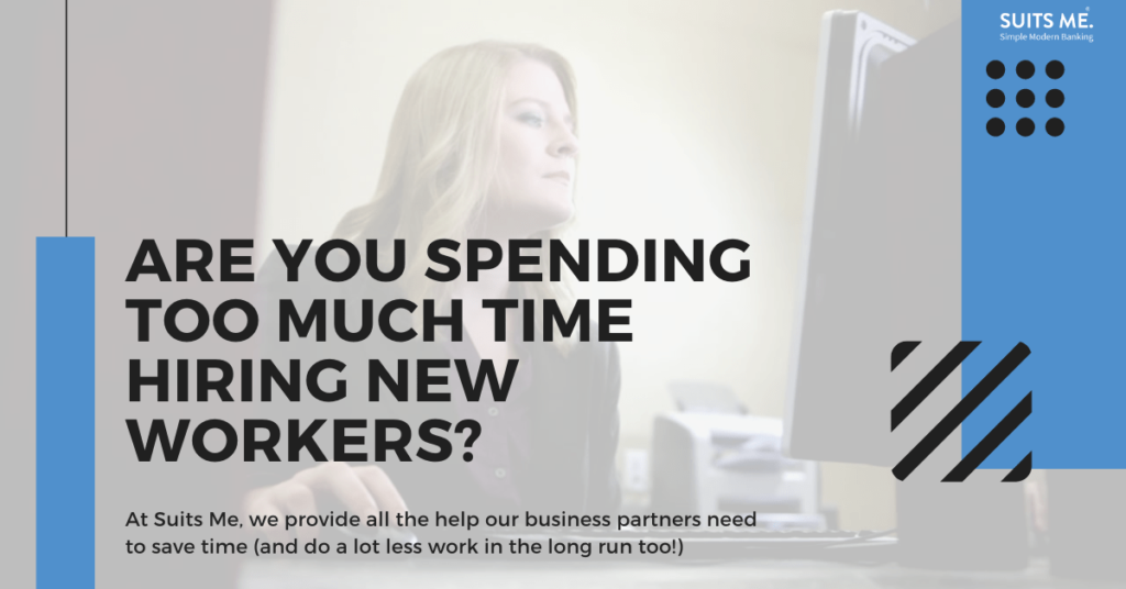 Image of a woman sorting payroll with block colours and bold text relating to saving time when hiring new employees