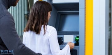 Rear View Of A Thief Trying to View Woman's Debit Card Pin Number Whilst She's Using ATM Machine