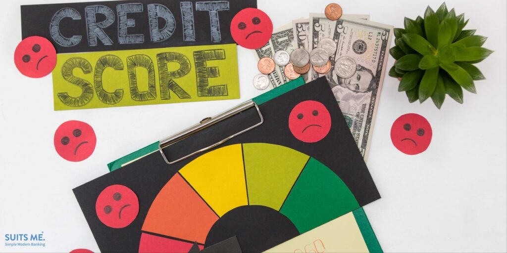 Credit score drawn on paper, with dollar bills and a plant. Representing how people with poor credit struggle to open a bank account