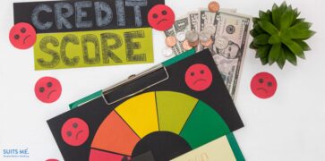 Credit score drawn on paper, with dollar bills and a plant. Representing how people with poor credit struggle to open a bank account