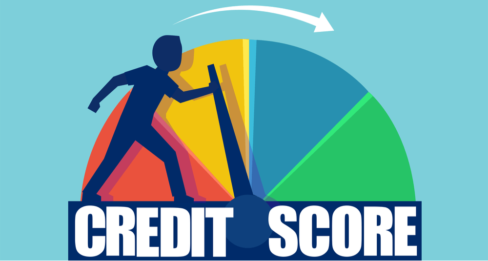 sillouette of a man pushing his credit score up. Representing the man improving his credit score. Improving Credit Score Concept.