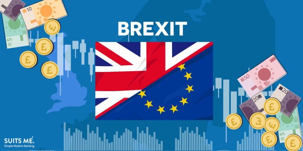 Graphic showing the impact of Brexit on UK bank accounts, UK and EU flag split in half with GBP vs Euros