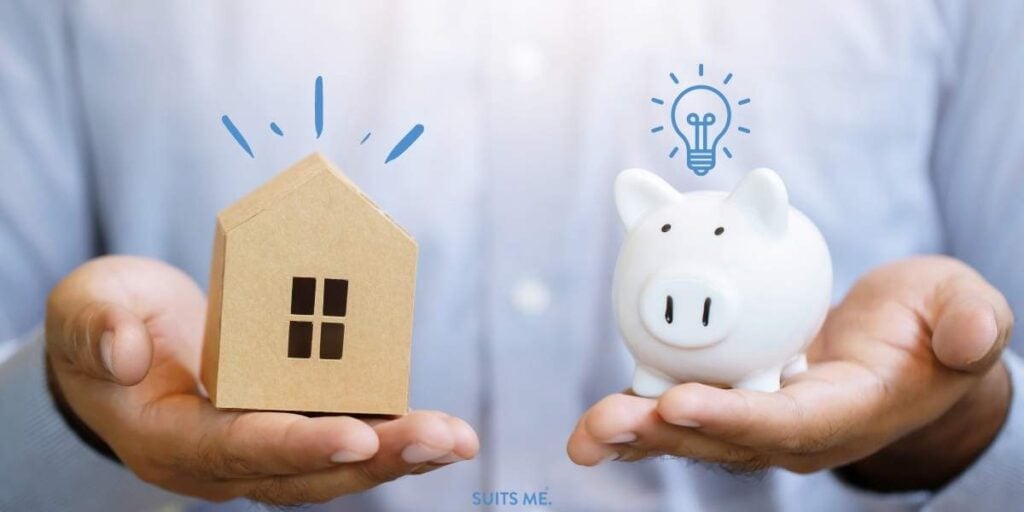 Man in Shirt holding a cardboard house and white piggy bank. Concept: Standing orders are a helpful way to pay reoccurring bills and save money.