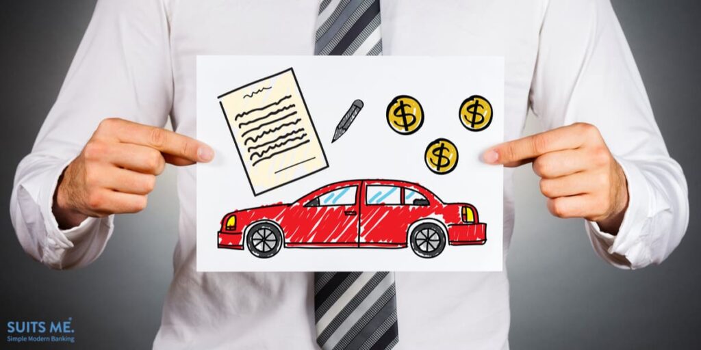 Car loan concept. Businessman holding paper with drawing of a car together with money and contract illustrations. Representing finance agreement