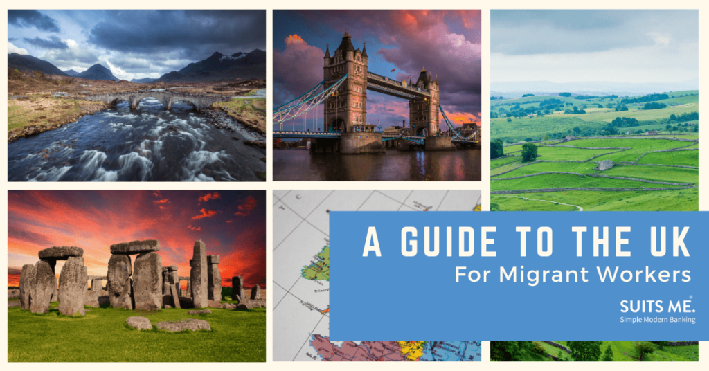 A Guide to the UK for Migrant Workers bold text with photos of UK landmarks in the background