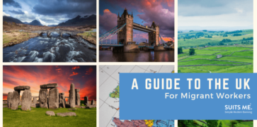 A Guide to the UK for Migrant Workers bold text with photos of UK landmarks in the background