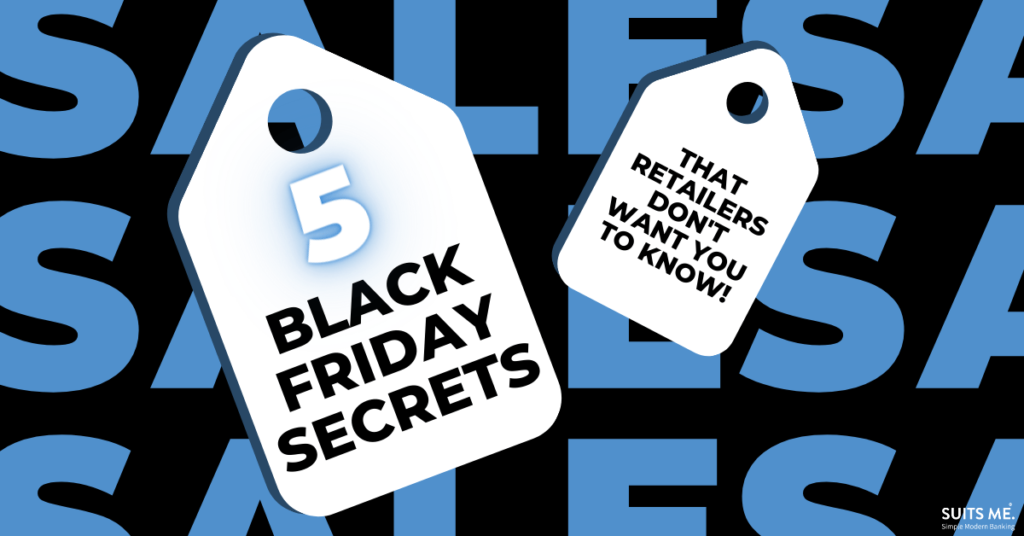 Black background with blue text that reads SALE, with gift tags that represent shopping online during black friday