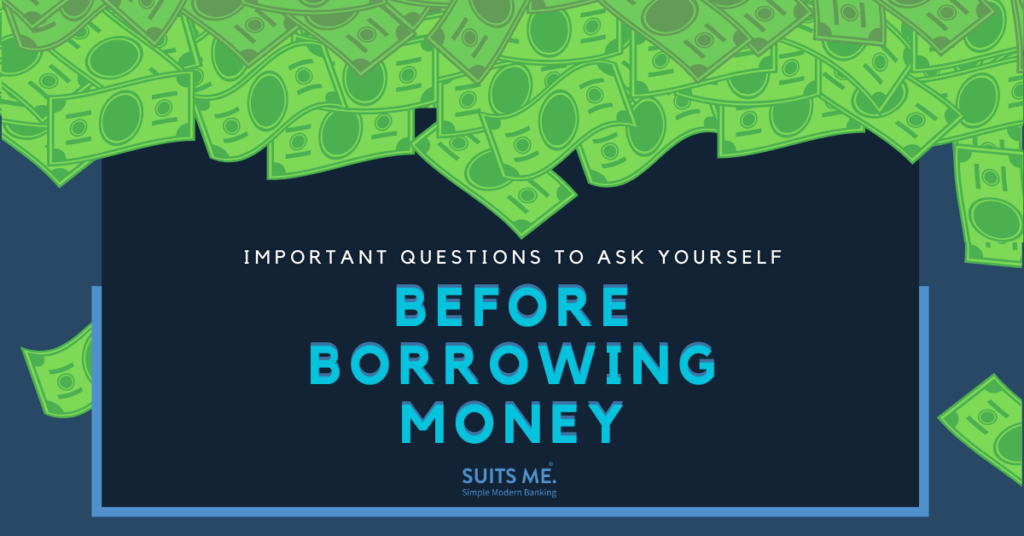 American Money on a dark blue background with light blue text that reads "Questions to ask yourself before borrowing money"