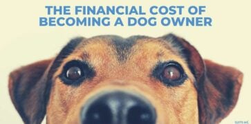 medium sized brown, tan dog with his nose in the camera and focus on the eyes. Blue text
