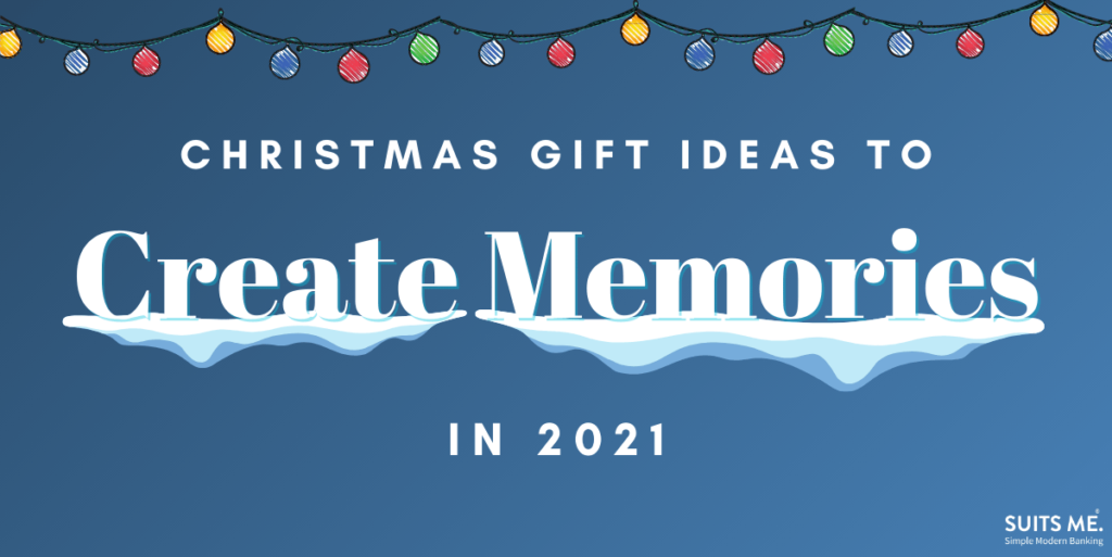 Dark blue background with illustrated Christmas lighting, with white text that reads "Christmas Gift Ideas to Create Memories in 2021" with snow gathered under the words "create memories"