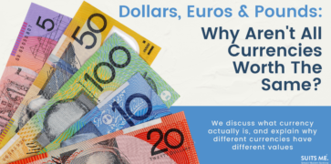 White and blue background with image of foreign currency, with blue text that reads "dollars, euros, pounds: why aren't all currencies worth the same"