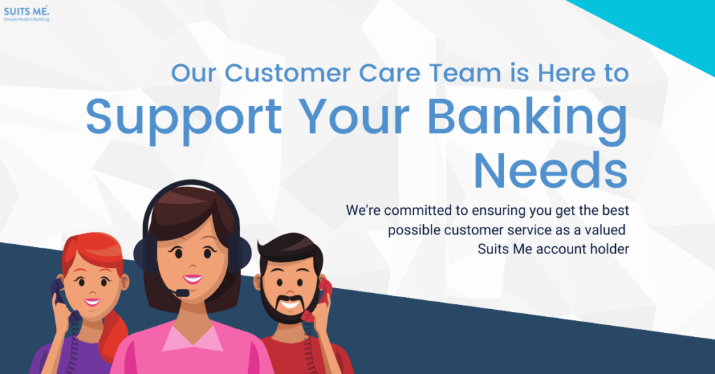 Our Customer Care Team is Here to Support Your Banking Needs bold text with customer care agent cartoon on the phone and wearing headsets