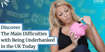 Blue gradient background with money, and woman putting money into a piggybank as she has no debit card
