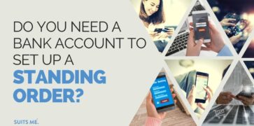 Grey background with black and blue bold text, triangle image frames with images of people using online and mobile banking to set up standing orders