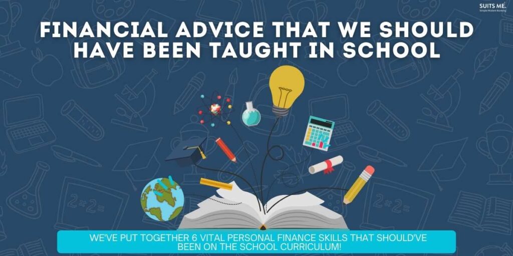 Blue background with images of school equipment, white text and image of a school text book