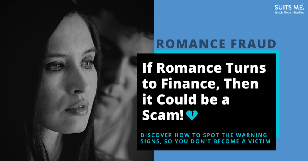 Woman looking scared as she's a victim of romance fraud as man leans over her. with blue background and black and light blue text