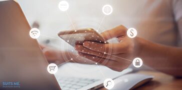 Woman hand holding smart phone & digitally banking with graphic icon with multichannel online banking payment network communication