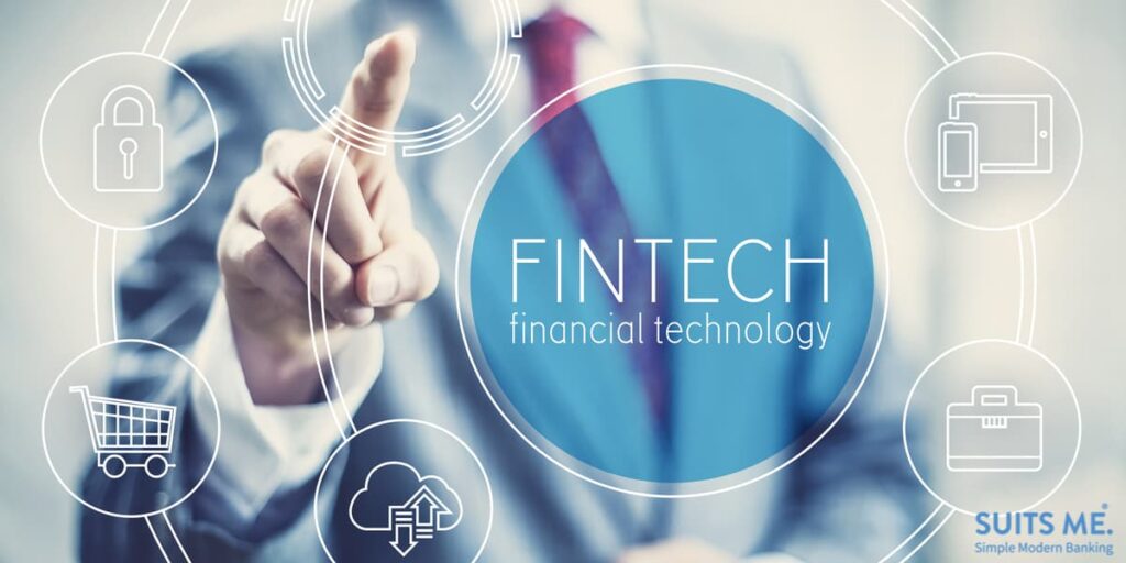 Future of financial technology and challenger banks concept - businessman in suit selecting fintech graphic