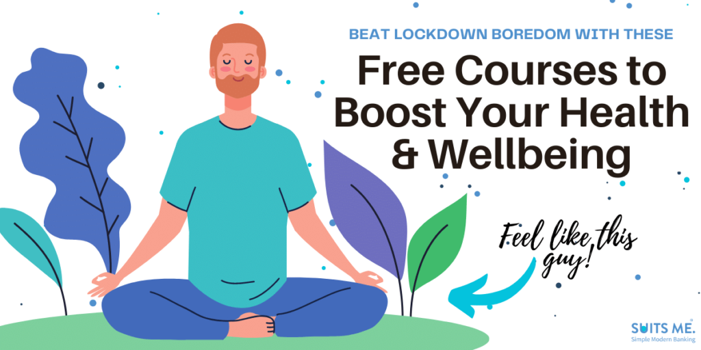 Cartoon man with a beard meditating- white background with blue sports - black header with blue subtext