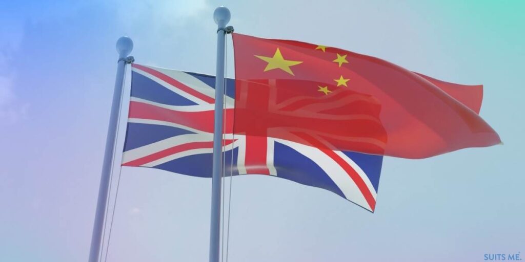 Chinese and UK flag flying next to each other with a cloudy sky. light overlay of green and blue effect in the corners of the page