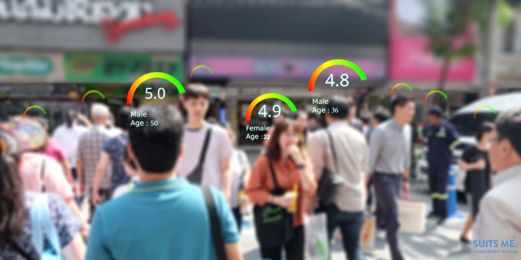 Social credit score concept, Smart AI analytics identify person technology, Intelligent rating, reputation.