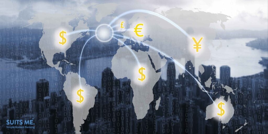 World map and digital money transfers concept. Sending money abroad.