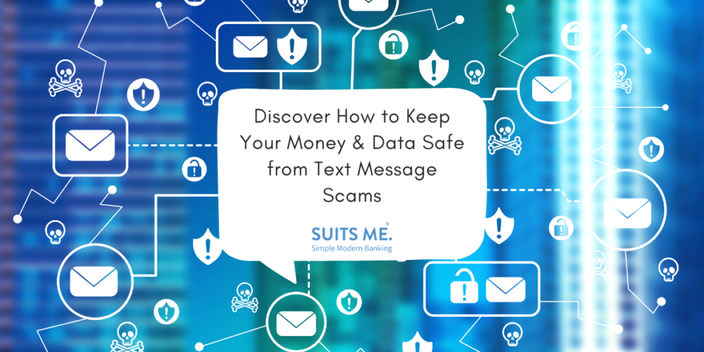 Blue patterned Background with security warnings, skull and crossbones with text message symbols, speech bubble with text and Suits Me logo