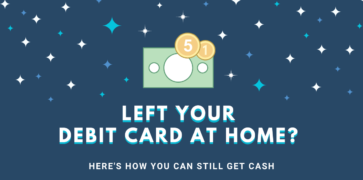 Blue Graphic with Suits Me Branding - "Left Your Debit Card at Home with Blue Drop Shadow, Diamonds and Bank Note with Coins