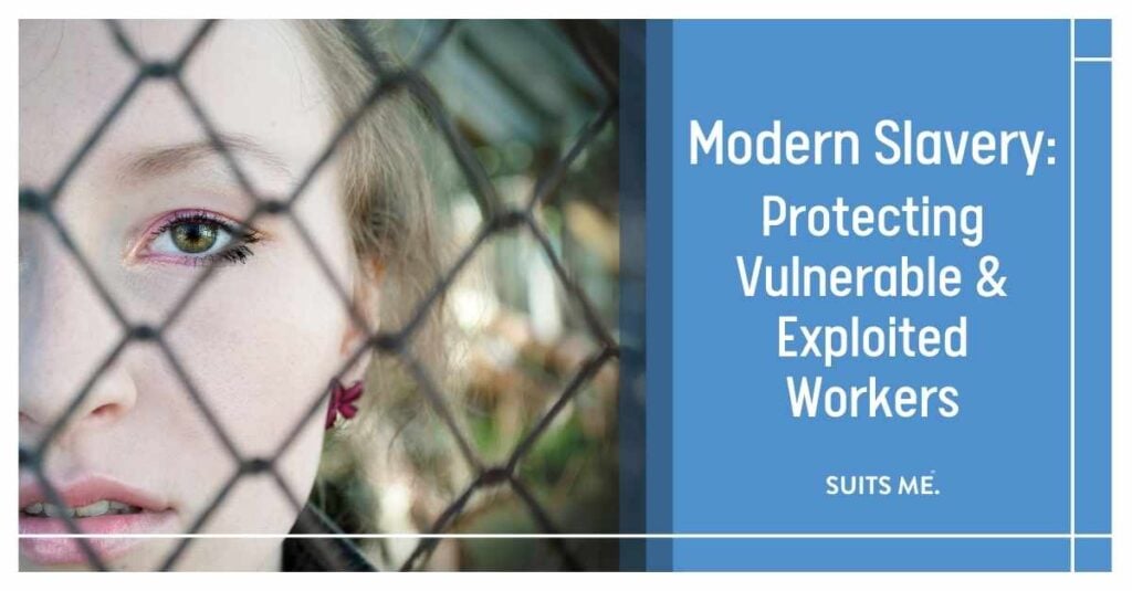 Picture of a female worker, looking sad and scare behind a chain link fence - representing being a victim of modern slavery