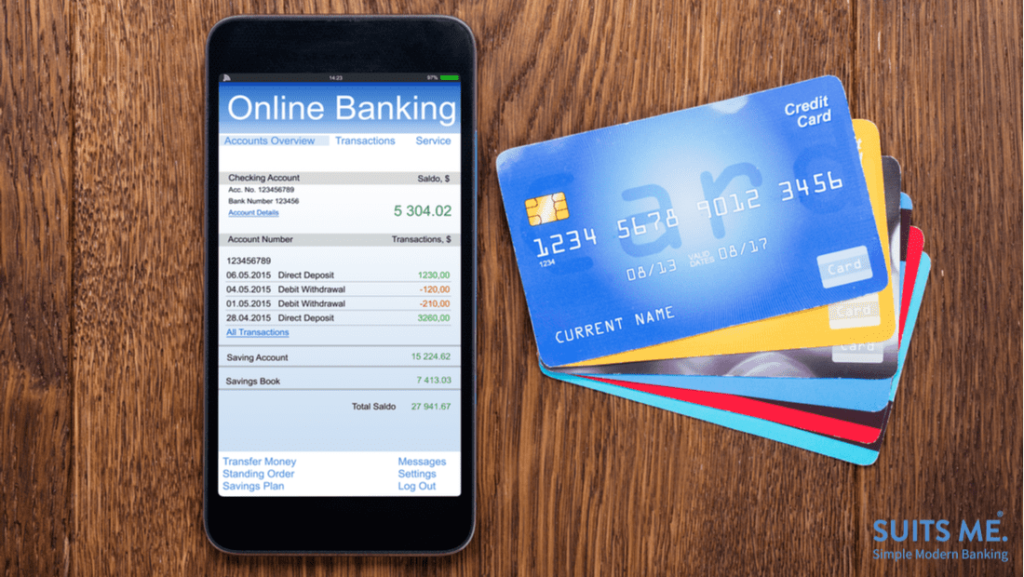 Online Banking on a mobile phone with recent transactions and balance next to six debit cards