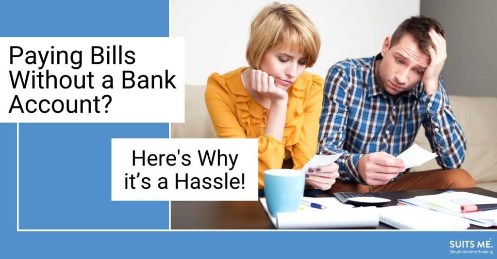 Blue background, white text boxes, with black text, image of a couple trying to pay bills without a bank account,