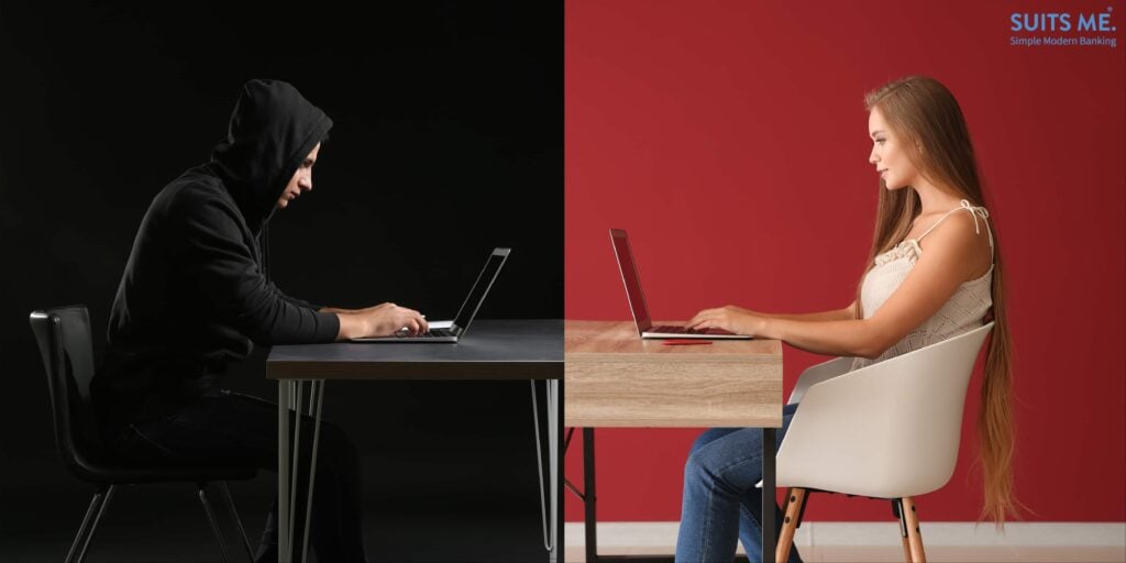 side by side image of young woman on red background having online date with fake boyfriend on black background. Concept of romance fraud