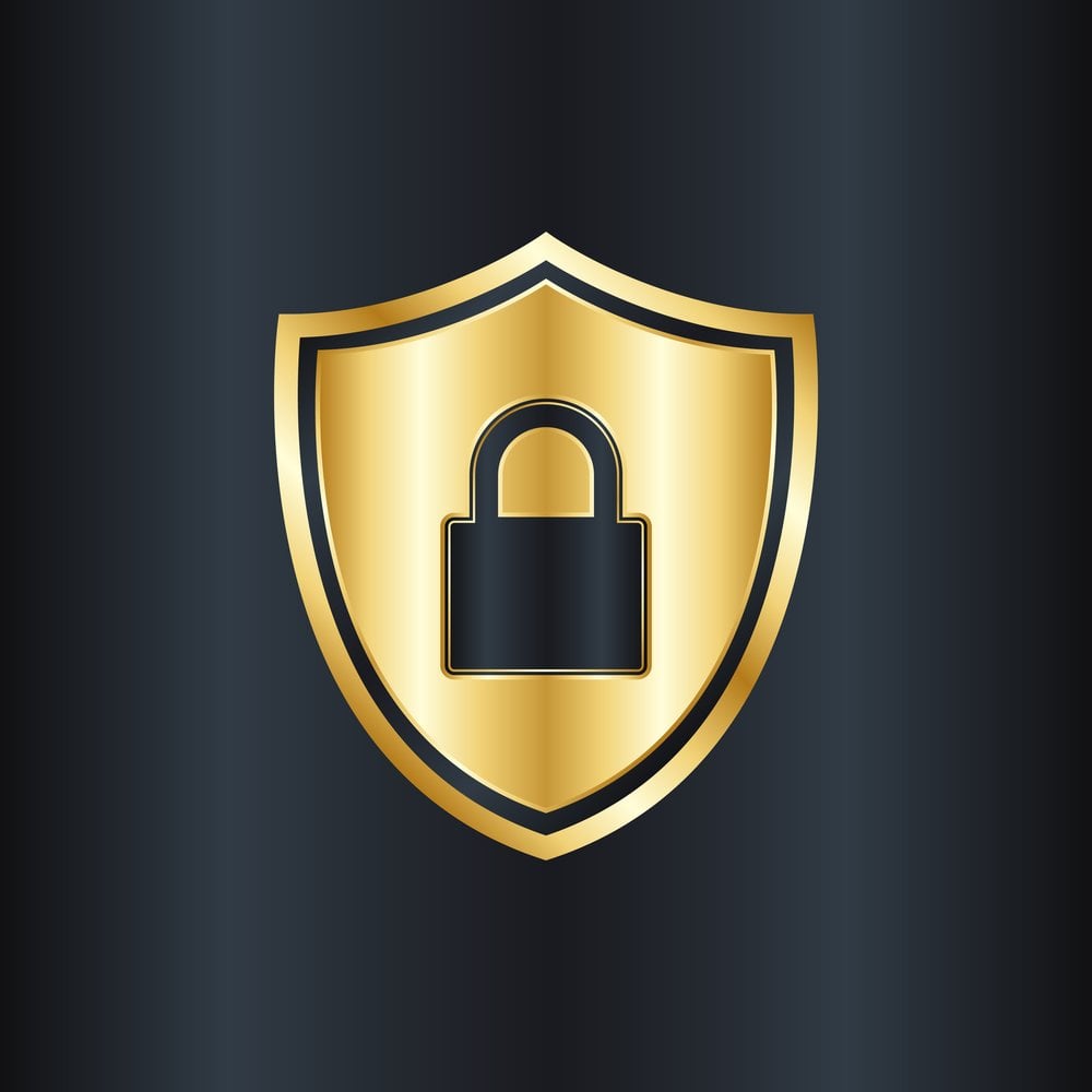 Black background with gold shield and locked padlock