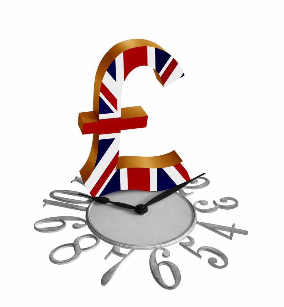 Biritsh pound sign engraved with union jack on top of a clock face
