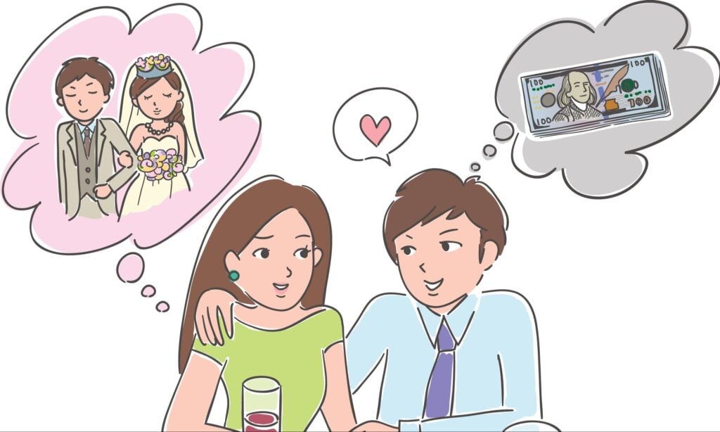 Cartoon drawing of a couple who have different desires - One is a scammer after their victims money.