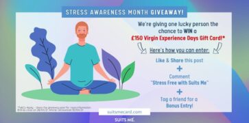 Stress Awareness Month Giveaway entry instructions plus an image of a person meditating