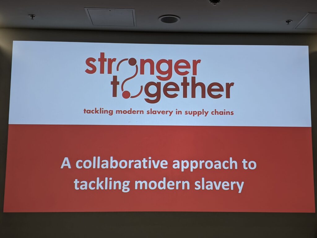 PowerPoint presentation slide that reads "stronger together, A collaborative approach to tackling modern slavery"