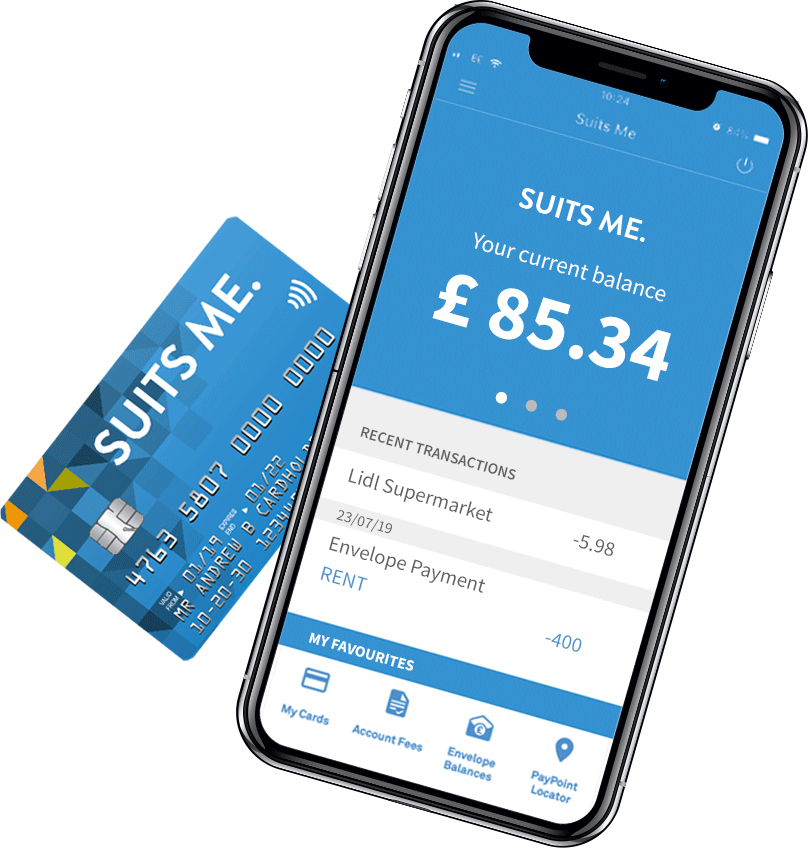 Image of mobile phone with Suits Me mobile banking app and Suits Me prepaid debit card
