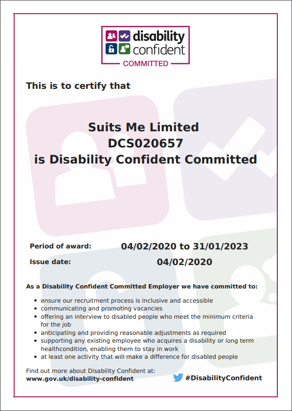 Suits Me® Disability Confident Committed Certificate