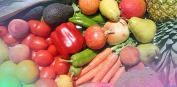 Close up shot of various fruit and vegetables grown in a sustainable way