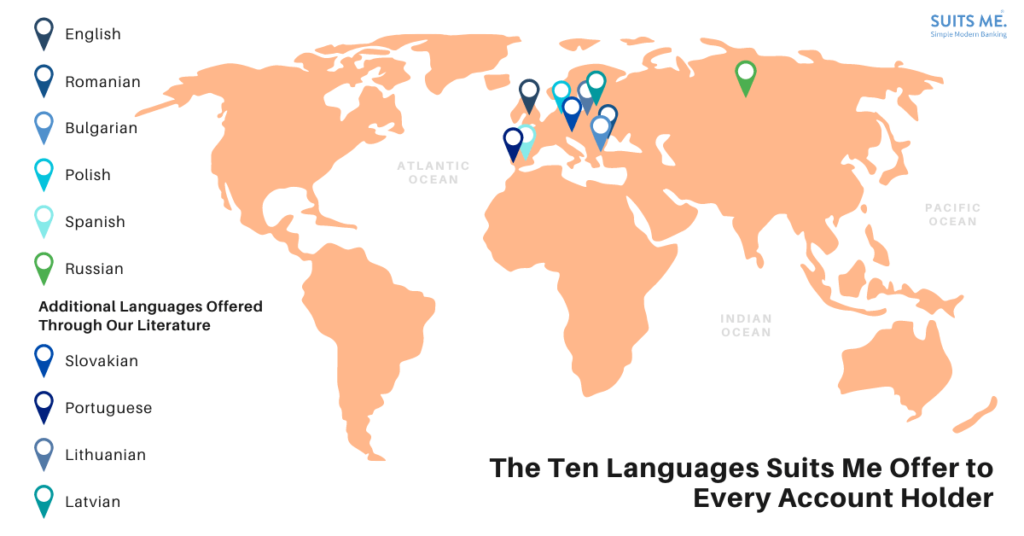 Orange clock coloured world map with pin point locations representing the 10 languages/countries Suits Me® offer all account holders